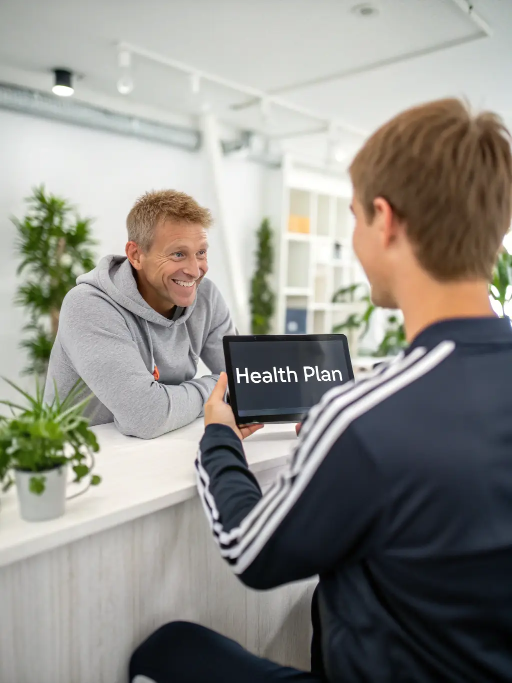 A professional man in a suit is thoughtfully reviewing a wellness plan on a tablet in a modern office setting, symbolizing personalized wellness frameworks.